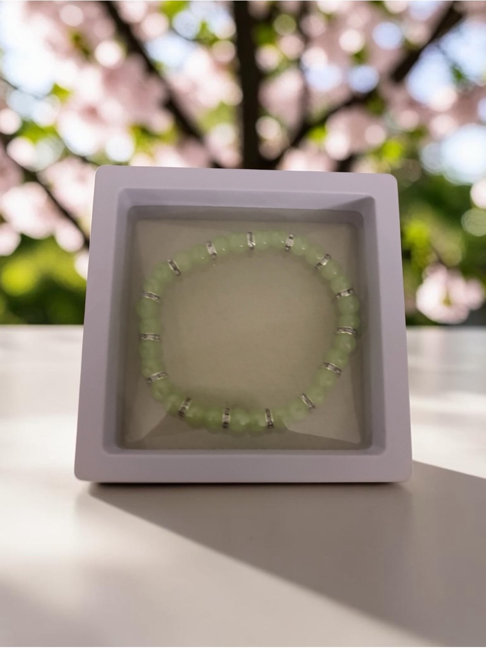 Green Beaded Stretch Bracelet with Silver Accents